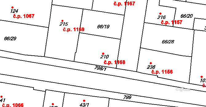 Předklášteří 1168 na parcele st. 210 v KÚ Předklášteří, Katastrální mapa