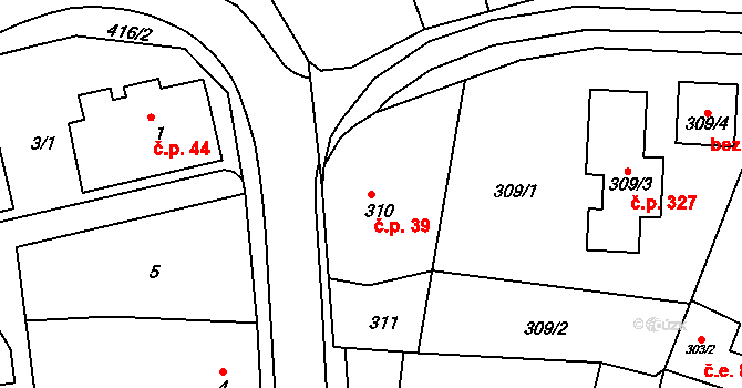 Kanice 39 na parcele st. 310 v KÚ Kanice, Katastrální mapa