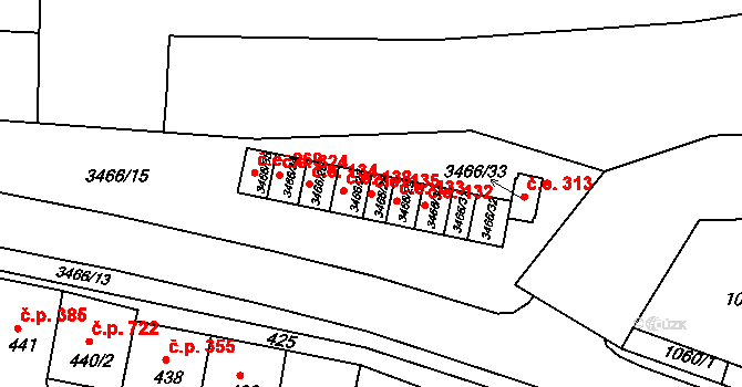 Střelice 135 na parcele st. 3466/28 v KÚ Střelice u Brna, Katastrální mapa
