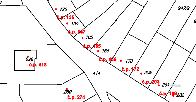Čebín 166 na parcele st. 166 v KÚ Čebín, Katastrální mapa