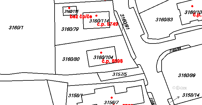 Chomutov 5698 na parcele st. 3160/104 v KÚ Chomutov II, Katastrální mapa