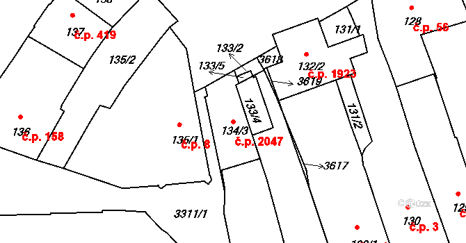 Pelhřimov 2047 na parcele st. 134/3 v KÚ Pelhřimov, Katastrální mapa