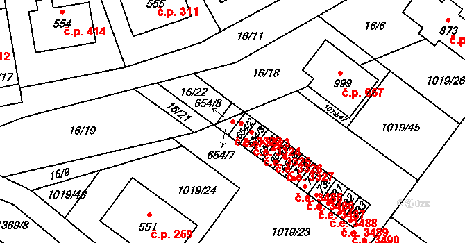 Kudlov 3322, Zlín na parcele st. 654/7 v KÚ Kudlov, Katastrální mapa
