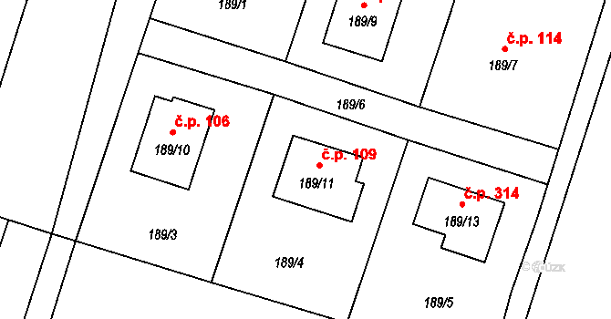 Oldřišov 109 na parcele st. 189/11 v KÚ Oldřišov, Katastrální mapa
