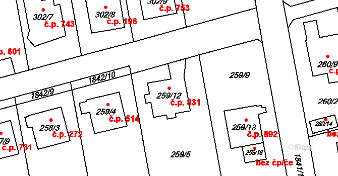 Kylešovice 831, Opava na parcele st. 259/12 v KÚ Kylešovice, Katastrální mapa
