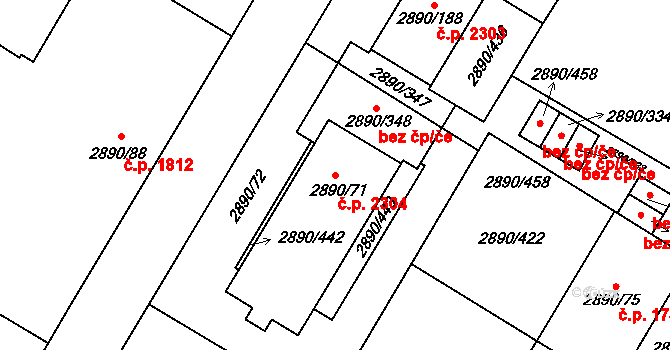 Předměstí 2304, Opava na parcele st. 2890/71 v KÚ Opava-Předměstí, Katastrální mapa