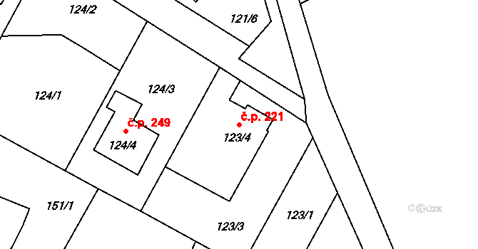 Chuchelná 221 na parcele st. 123/4 v KÚ Chuchelná, Katastrální mapa