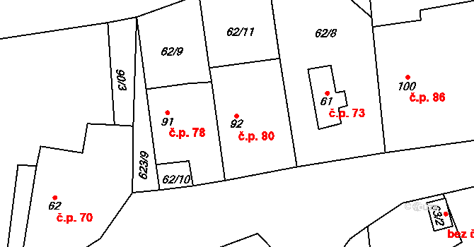 Těně 80 na parcele st. 92 v KÚ Těně, Katastrální mapa