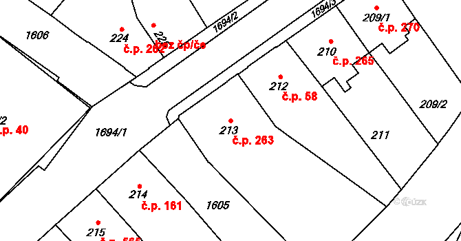 Hronov 263 na parcele st. 213 v KÚ Hronov, Katastrální mapa