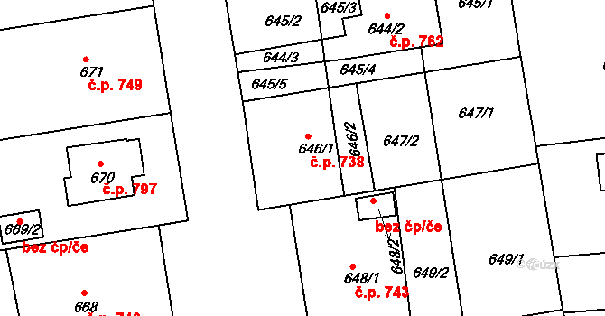 Třemošná 738 na parcele st. 646/1 v KÚ Třemošná, Katastrální mapa