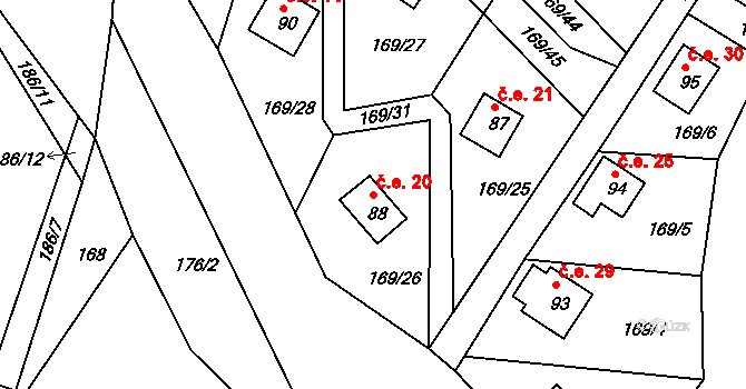 Pivonín 20, Zábřeh na parcele st. 88 v KÚ Pivonín, Katastrální mapa