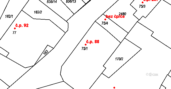 Tymákov 88 na parcele st. 75/1 v KÚ Tymákov, Katastrální mapa
