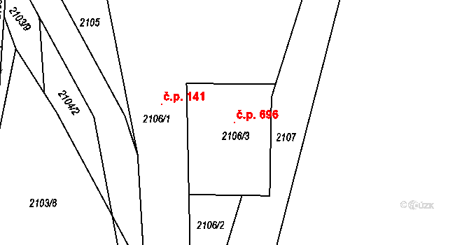 Želechovice nad Dřevnicí 696 na parcele st. 2106/3 v KÚ Želechovice nad Dřevnicí, Katastrální mapa