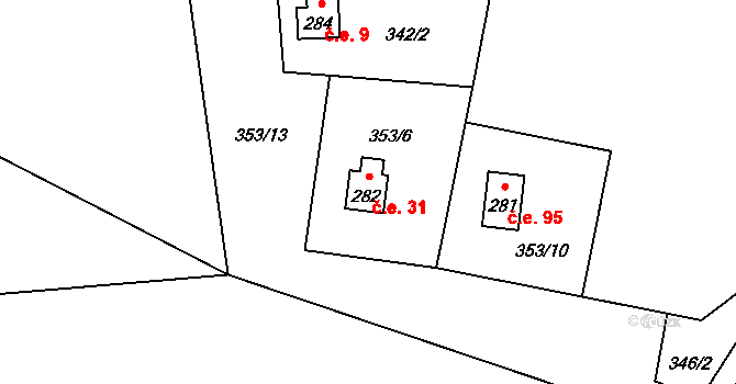Tyra 31, Třinec na parcele st. 282 v KÚ Tyra, Katastrální mapa