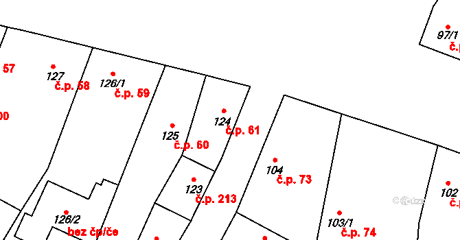 Rožďalovice 61 na parcele st. 124 v KÚ Rožďalovice, Katastrální mapa