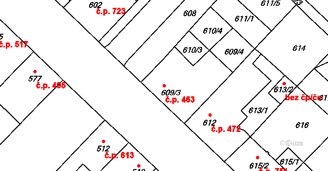 Lužice 463 na parcele st. 609/3 v KÚ Lužice u Hodonína, Katastrální mapa