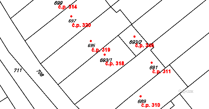 Šaratice 318 na parcele st. 693/1 v KÚ Šaratice, Katastrální mapa