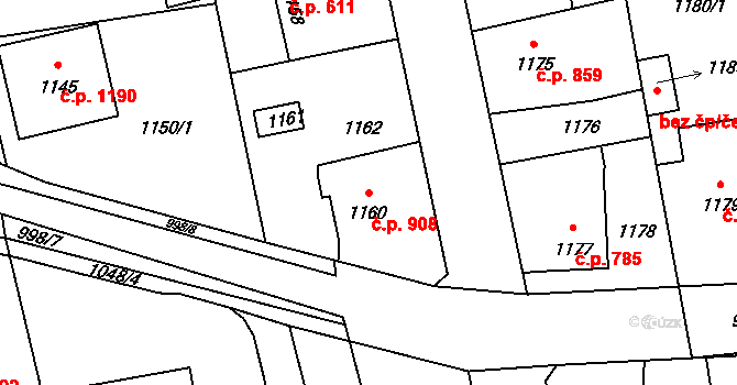 Úvaly 908 na parcele st. 1160 v KÚ Úvaly u Prahy, Katastrální mapa