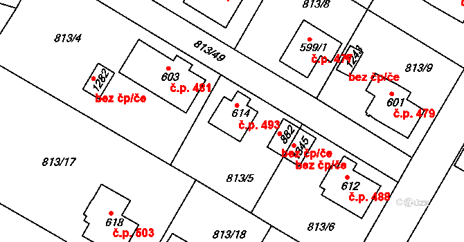 Hejnice 493 na parcele st. 614 v KÚ Hejnice, Katastrální mapa