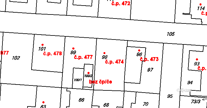 Kosmonosy 474 na parcele st. 98 v KÚ Kosmonosy, Katastrální mapa