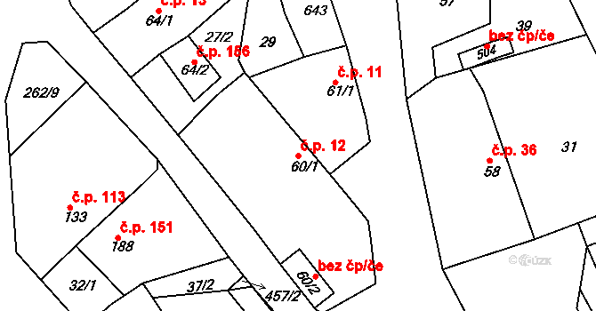 Přílepy 12 na parcele st. 60/1 v KÚ Přílepy u Holešova, Katastrální mapa