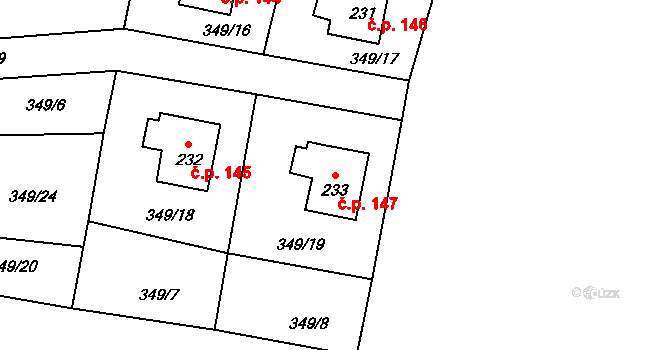 Oráčov 147 na parcele st. 233 v KÚ Oráčov, Katastrální mapa