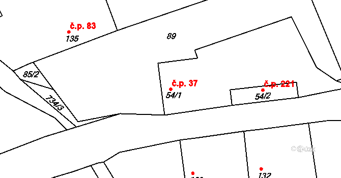 Žehuň 37 na parcele st. 54/1 v KÚ Žehuň, Katastrální mapa