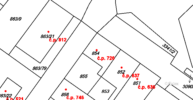 Pelhřimov 726 na parcele st. 854 v KÚ Pelhřimov, Katastrální mapa