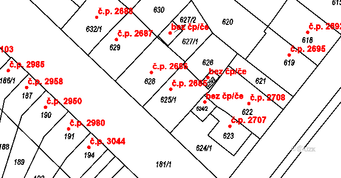 Chomutov 2685 na parcele st. 625/1 v KÚ Chomutov II, Katastrální mapa