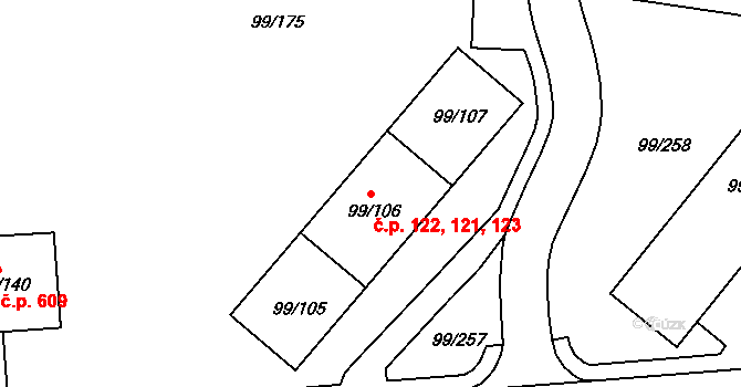 Habartov 121,122,123 na parcele st. 99/106 v KÚ Habartov, Katastrální mapa
