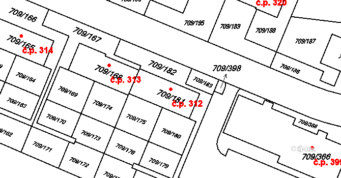 Popůvky 312 na parcele st. 709/181 v KÚ Popůvky u Brna, Katastrální mapa