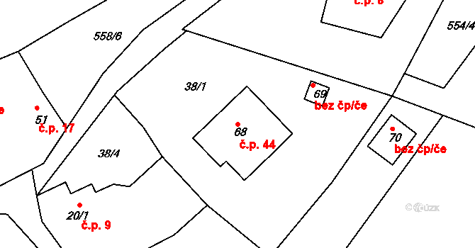 Lestkov 44, Klášterec nad Ohří na parcele st. 68 v KÚ Lestkov u Klášterce nad Ohří, Katastrální mapa