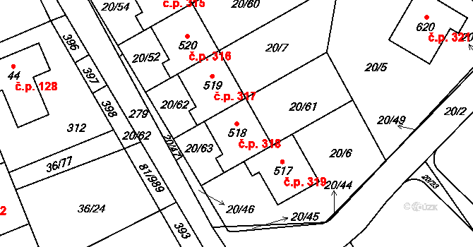 Nupaky 318 na parcele st. 518 v KÚ Nupaky, Katastrální mapa