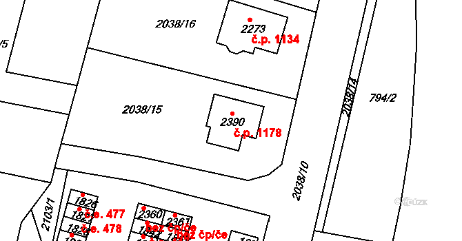 Pacov 1178 na parcele st. 2390 v KÚ Pacov, Katastrální mapa