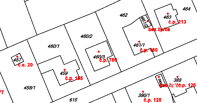 Lipence 750, Praha na parcele st. 460/3 v KÚ Lipence, Katastrální mapa