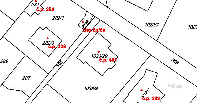 Křelov 401, Křelov-Břuchotín na parcele st. 1033/29 v KÚ Křelov, Katastrální mapa
