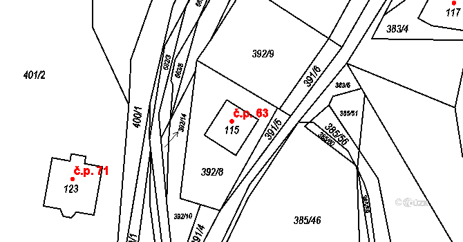 Unčín 63 na parcele st. 115 v KÚ Unčín, Katastrální mapa