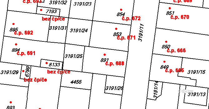 Zlín 688 na parcele st. 891 v KÚ Zlín, Katastrální mapa