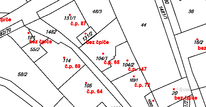 Vršovice 65 na parcele st. 104/1 v KÚ Vršovice u Opavy, Katastrální mapa