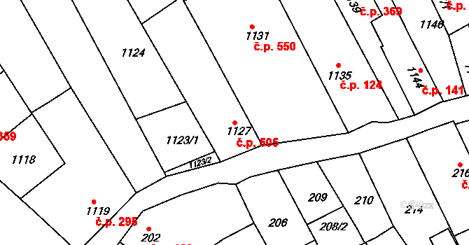 Buchlovice 505 na parcele st. 1127 v KÚ Buchlovice, Katastrální mapa