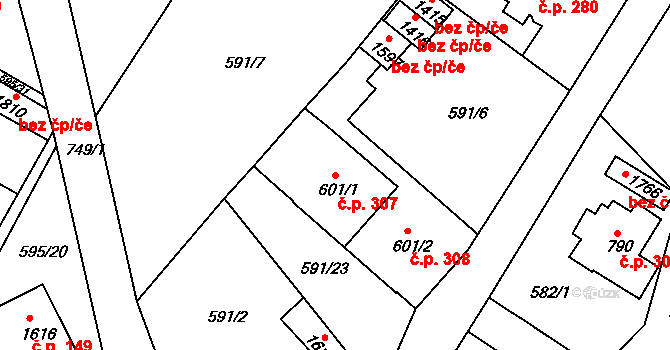 Broumov 307 na parcele st. 601/1 v KÚ Broumov, Katastrální mapa
