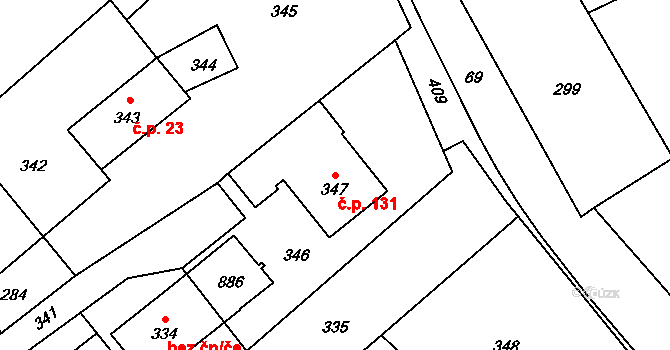 Olbramice 131 na parcele st. 347 v KÚ Olbramice, Katastrální mapa