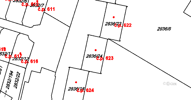 Kamenice nad Lipou 623 na parcele st. 2836/24 v KÚ Kamenice nad Lipou, Katastrální mapa