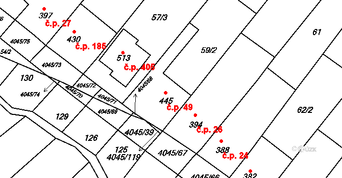 Boleradice 49 na parcele st. 445 v KÚ Boleradice, Katastrální mapa