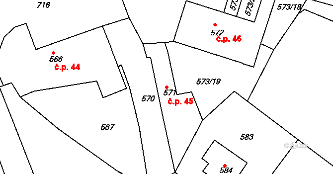 Zruč nad Sázavou 45 na parcele st. 571 v KÚ Zruč nad Sázavou, Katastrální mapa
