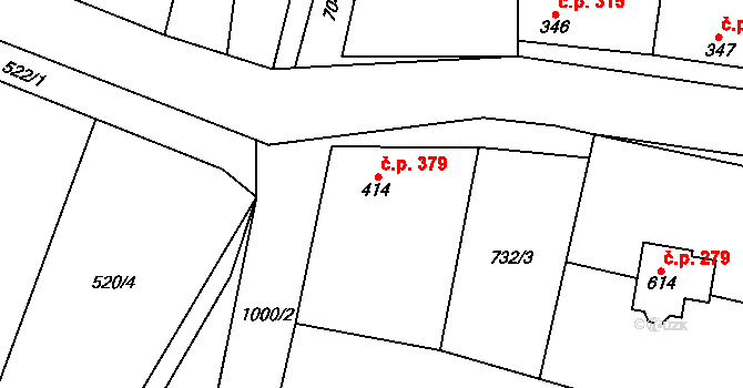 Rožďalovice 379 na parcele st. 414 v KÚ Rožďalovice, Katastrální mapa