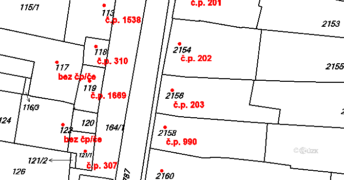 Slavkov u Brna 203 na parcele st. 2156 v KÚ Slavkov u Brna, Katastrální mapa