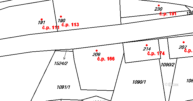 Brozany nad Ohří 166 na parcele st. 206 v KÚ Brozany nad Ohří, Katastrální mapa