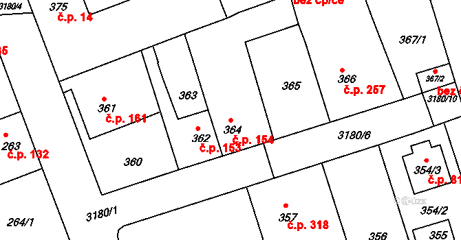Planá nad Lužnicí 154 na parcele st. 364 v KÚ Planá nad Lužnicí, Katastrální mapa