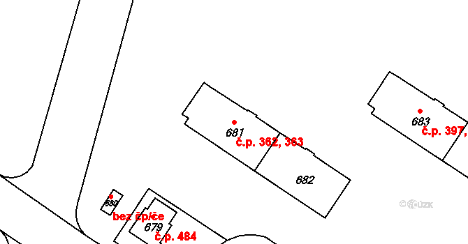 Milovice 362,363 na parcele st. 681 v KÚ Milovice nad Labem, Katastrální mapa